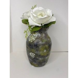 Hand painted antique style vase   / textured glass vase with flowers